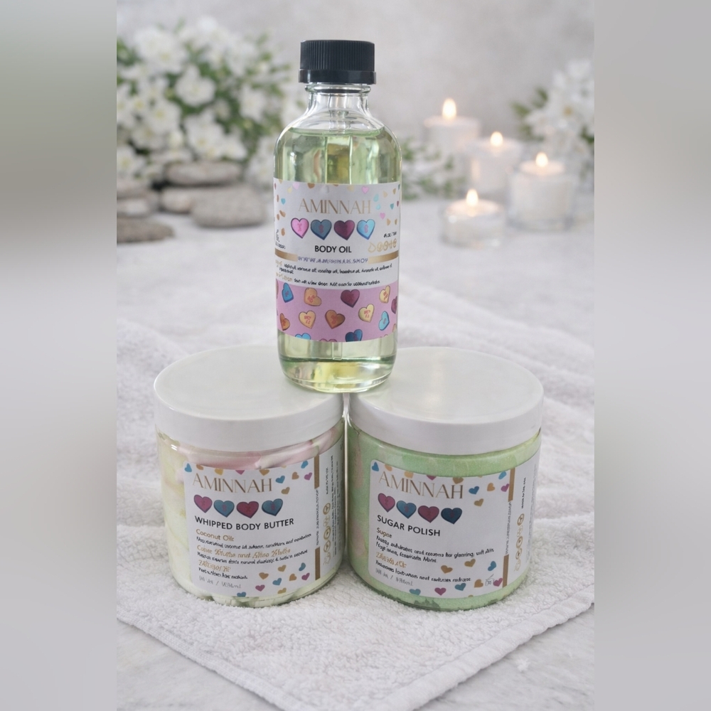 Title:Aminnah Body Care Bundle – 8oz Whipped Butter, 8oz Sugar Polish & 4oz Oil